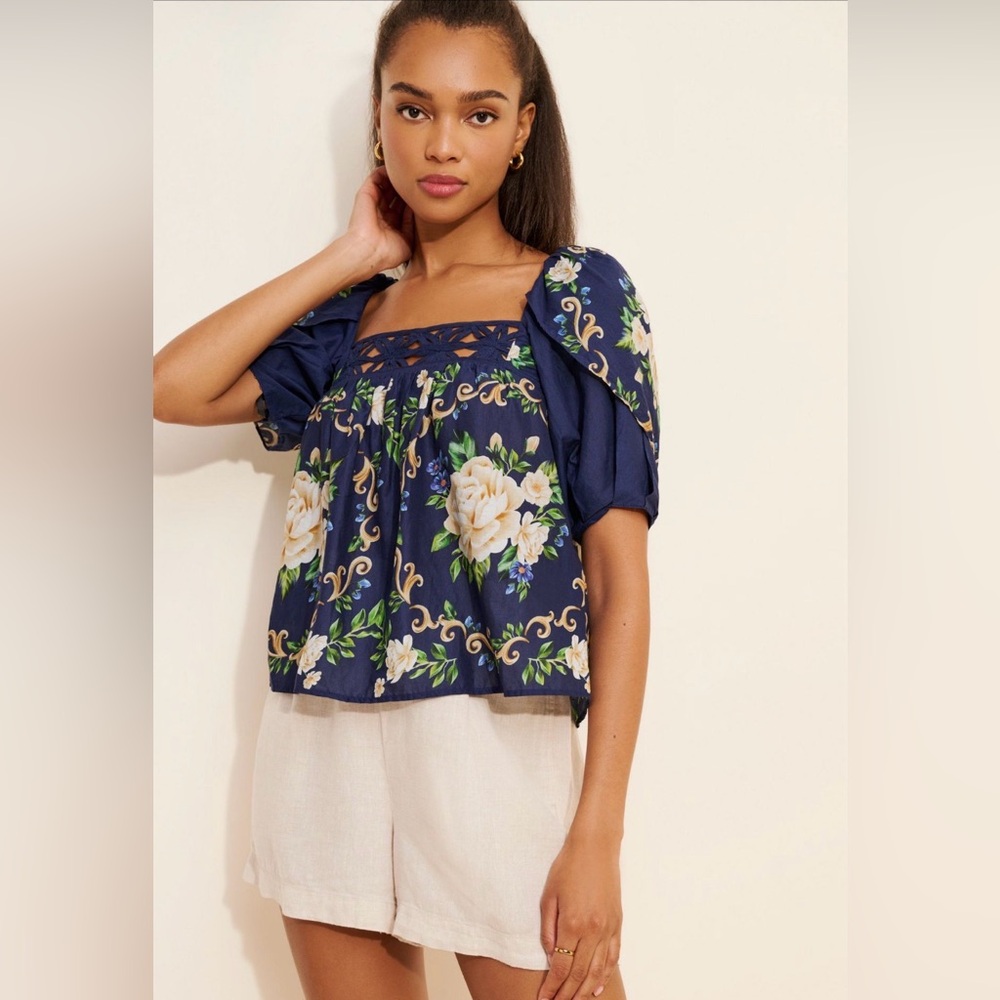 FARM Rio Flower Tapestry Yoke Blouse EUC